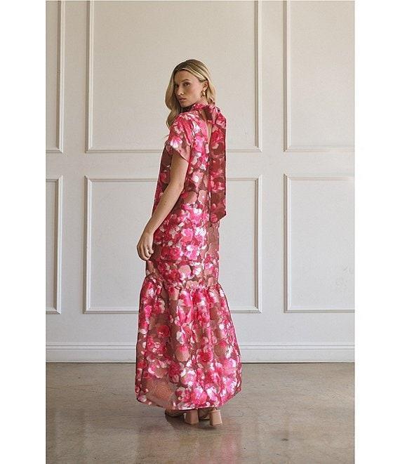 Sugarlips Mersin Sheer Floral Jacquard Organa Mock Neck Short Sleeves Tiered Hem Shift Maxi Dress Product Image