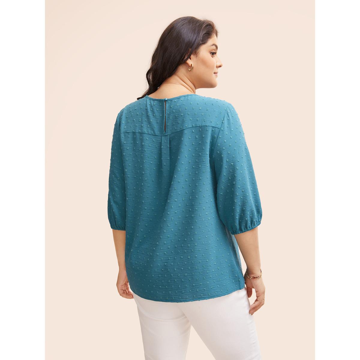 Plus Size Cerulean Texture Round Neck Pleated Lantern Sleeve Blouse Women Elegant Elbow-length sleeve Round Neck Everyday Blouses BloomChic 18-20/2X Product Image