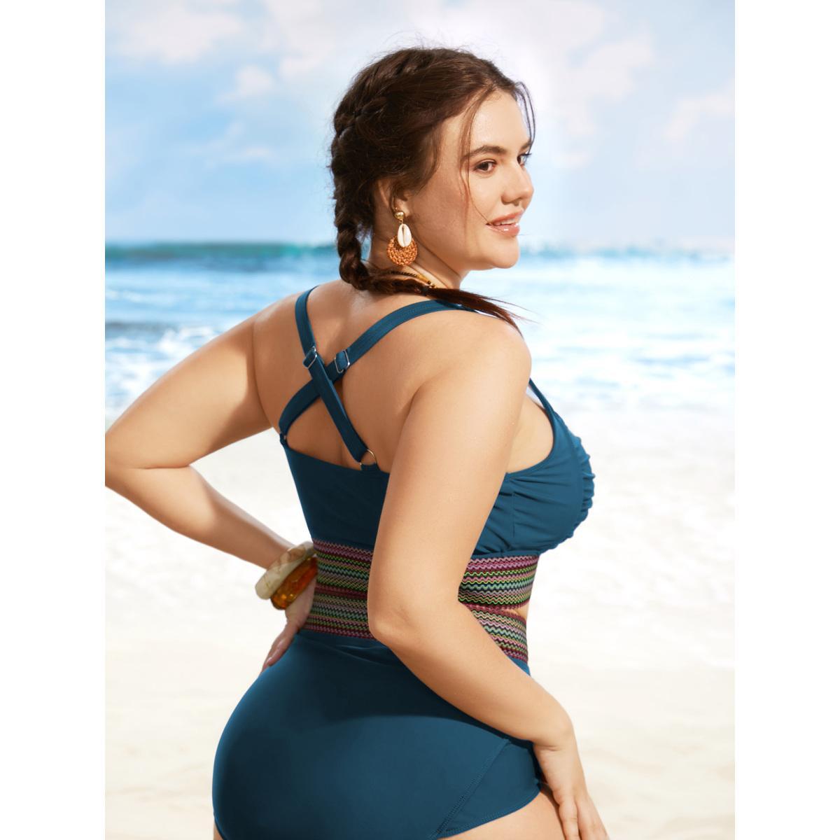 Plus Size Twist Front Patchwork Woven Ribbon Swim Top Women's Swimwear Cyan Beach Woven ribbon&lace trim High stretch Skinny Heart neckline Curve Swim Tops BloomChic 28/5X Product Image