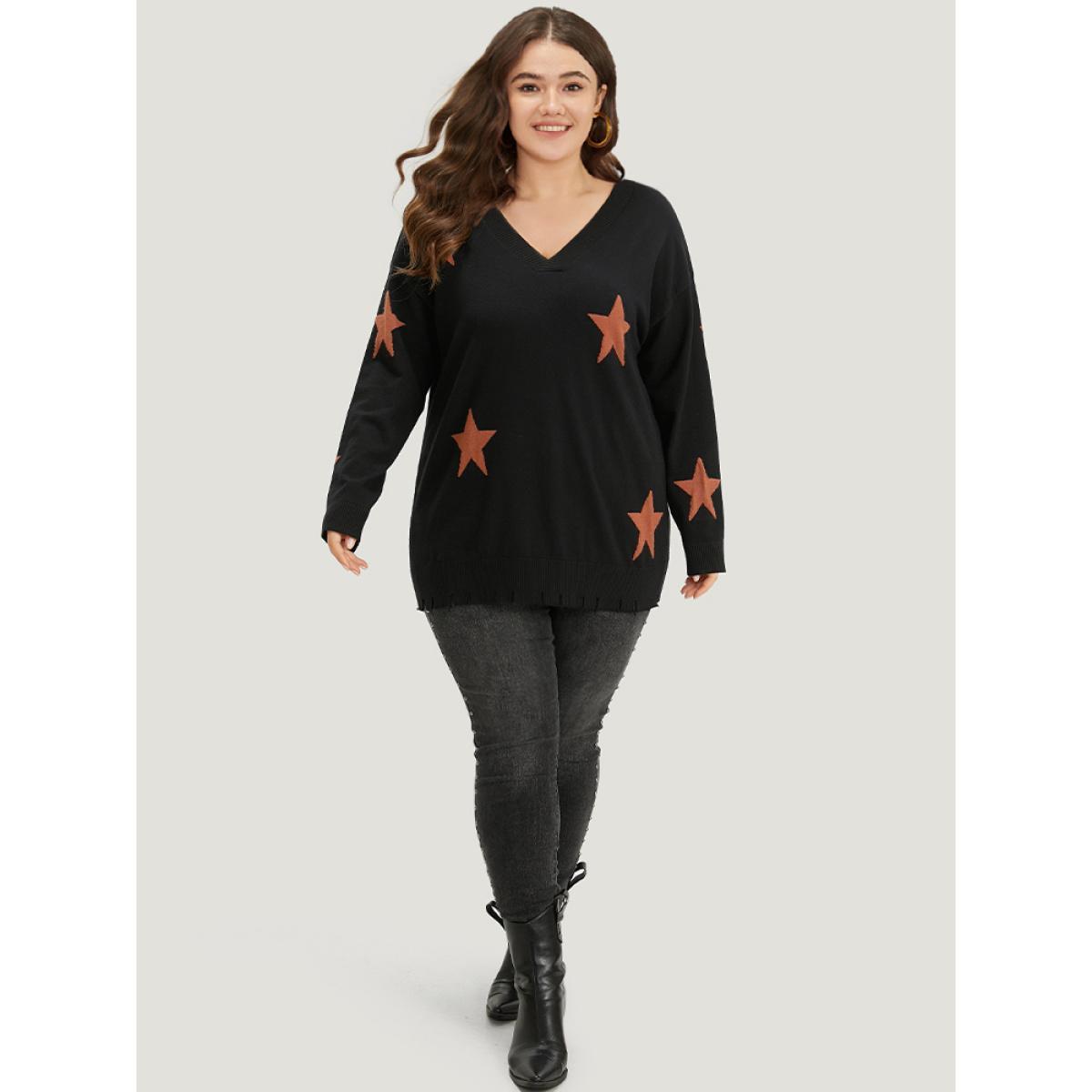 Plus Size Halloween Supersoft Essentials Star V Neck Distressed Hem Pullover Black Women Casual Loose Long Sleeve V-neck Festival-Halloween Pullovers BloomChic 18-20/2X Product Image