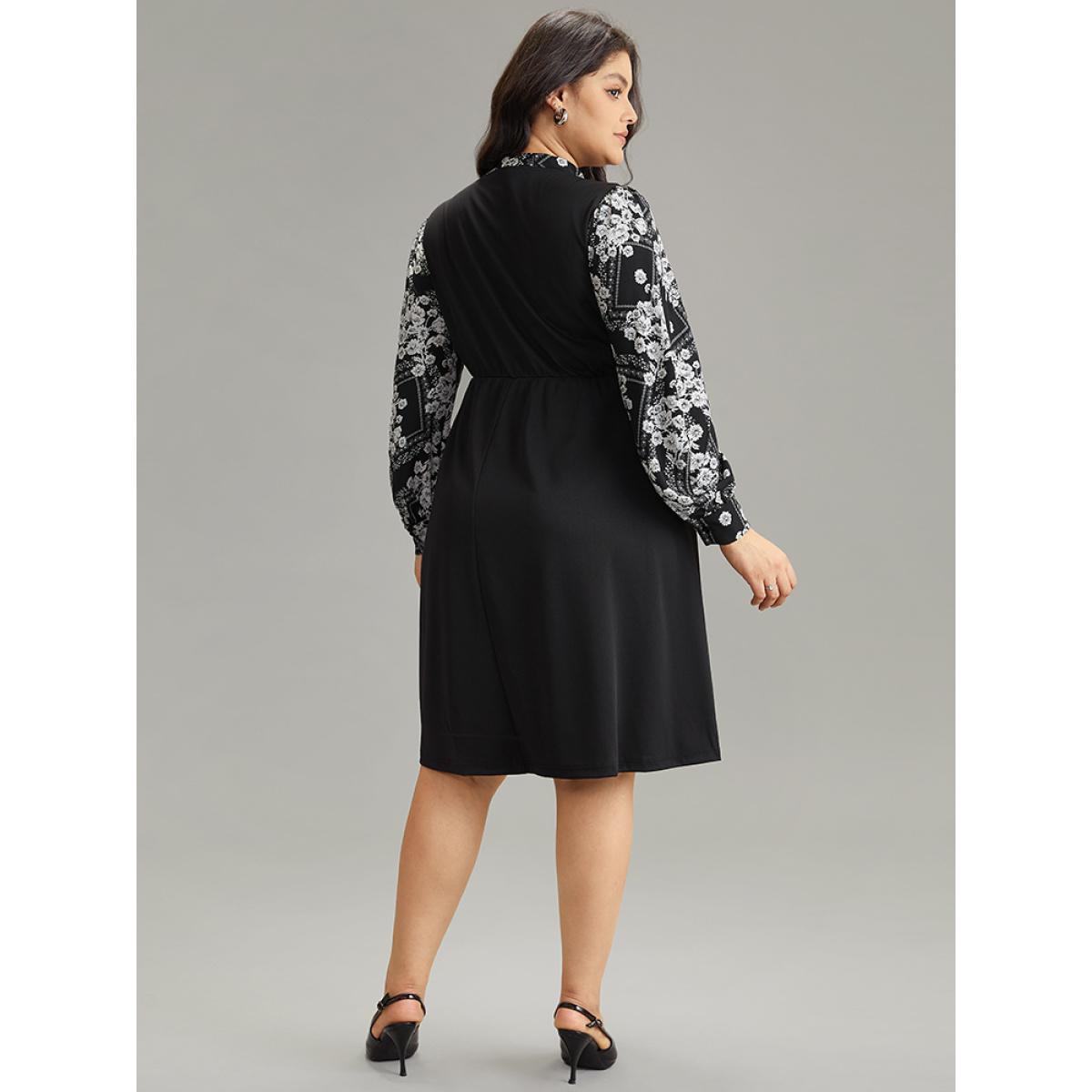 Plus Size Geo Graphic Knot Neck Patchwork Elastic Waist Dress Black Women Office Gathered Tie Neck Long Sleeve Curvy Midi Dress BloomChic 22-24/3X Product Image