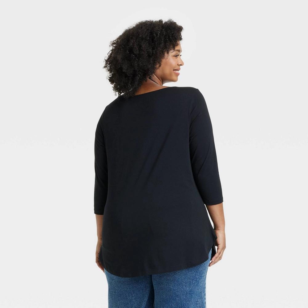 Womens Slim Fit 3/4 Sleeve Boat Neck T-Shirt - Ava & Viv Black XXL Product Image