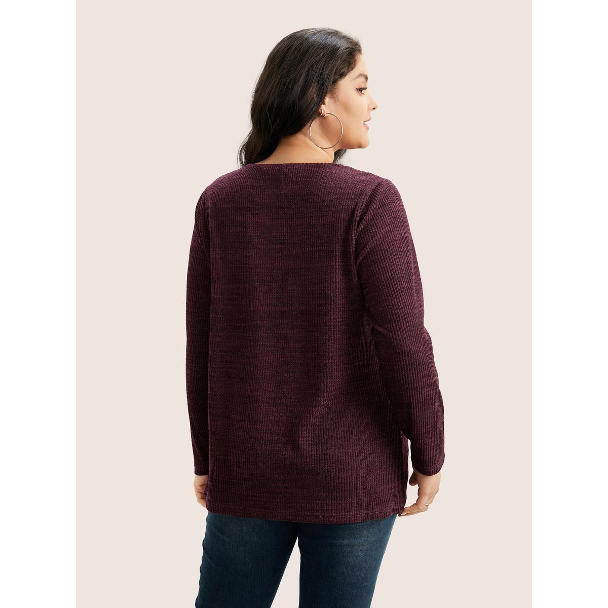 Plus Size Solid Rib Knit Button Detail T-shirt Red Women Casual Non Plain V-neck Everyday T-shirts BloomChic 12/L Product Image