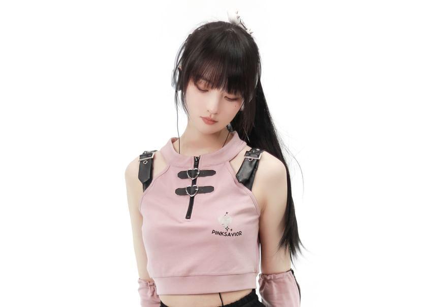 Short-Sleeve Round Neck Heart Print Lace Up T-Shirt / Sleeveless Faux Leather Strap Round Neck Lettering Print Crop Hoodie with Arm Sleeves / Cami Top / Drawstring Waist Straight Leg Sweatpants / Drawstring Waist Striped Mini Skort Product Image