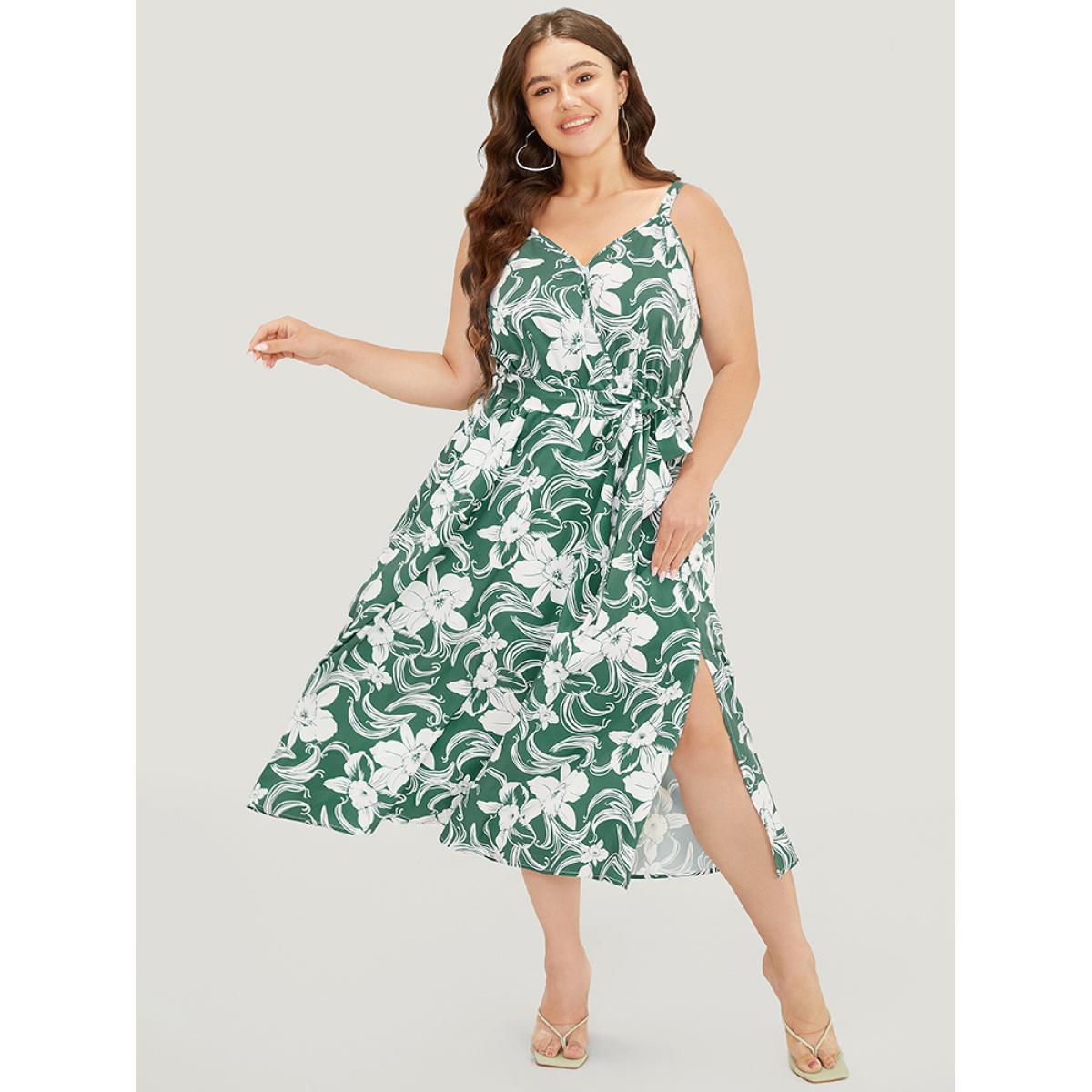 Plus Size Floral Split Flutter Hem Wrap Pocket Belted Cami Dress Green Women Elegant Adjustable Straps V-neck Sleeveless Curvy Midi Dress BloomChic 22-24/3X Product Image