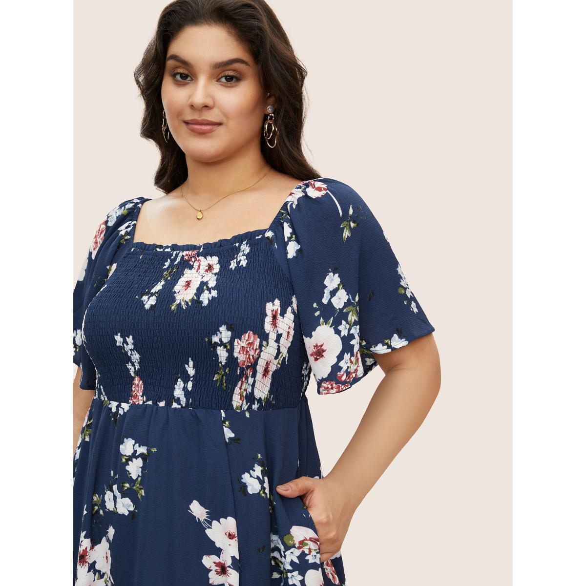 Plus Size Floral Square Neck Ruffles Pocket Shirred Split Dress DarkBlue Women Elegant Non Square Neck Short sleeve Curvy BloomChic 12/L Product Image