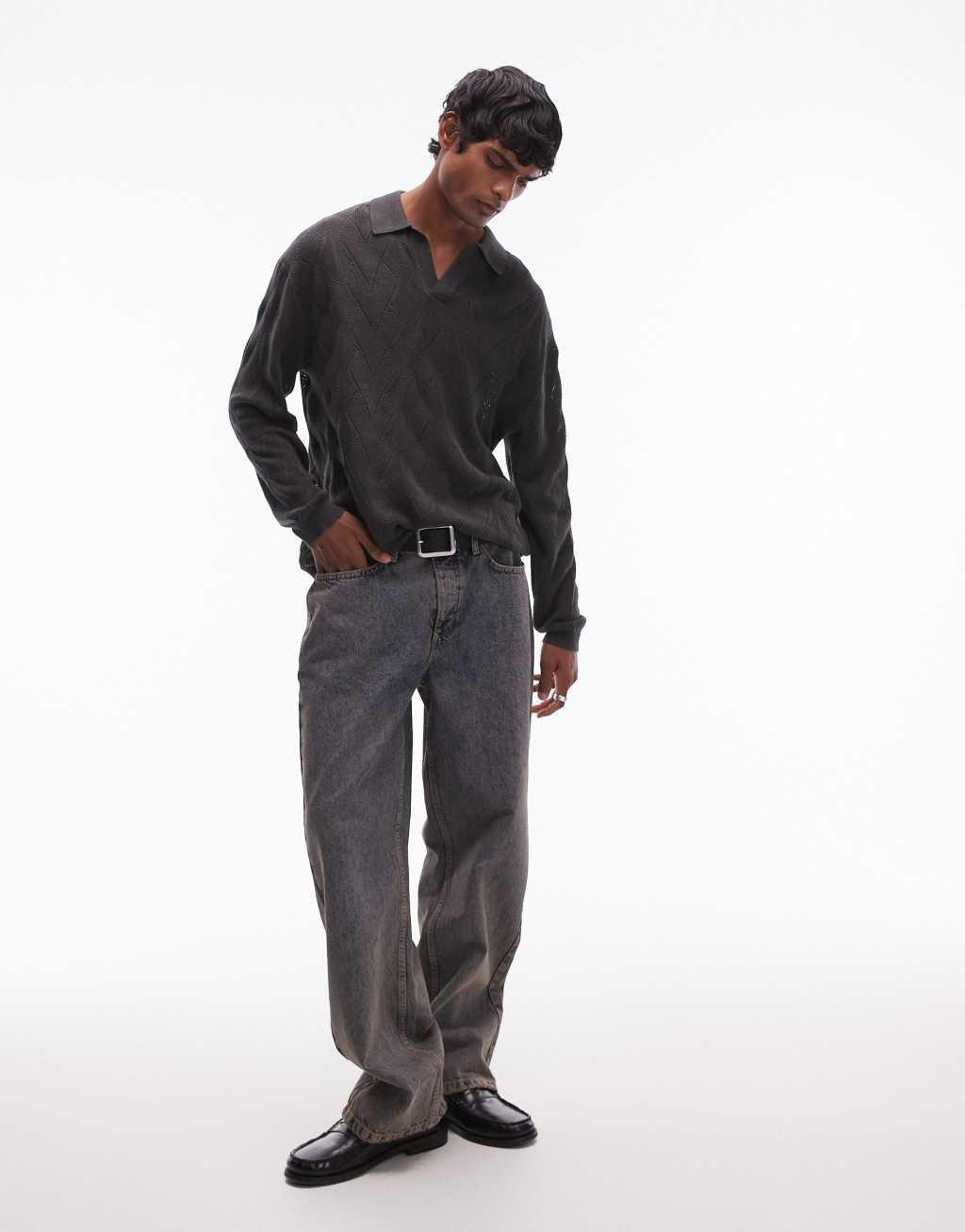 Topman knitted diamond pattern pointelle long sleeve polo in dark gray Product Image