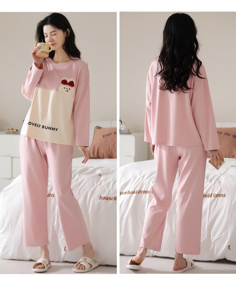 Loungewear Set : Long-Sleeve Rabbit Print Padded T-Shirt + Pants Product Image
