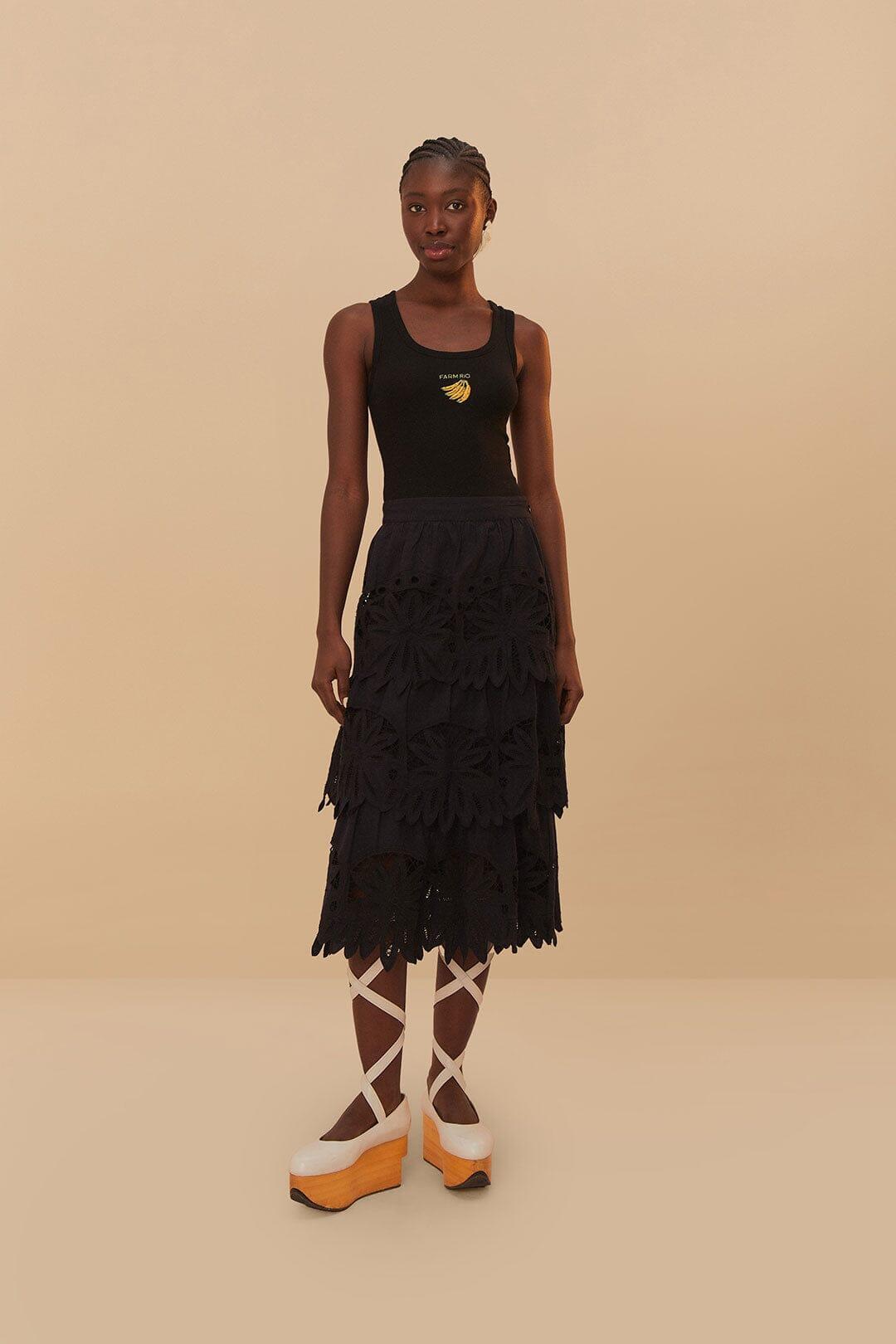 Black Daisy Embroidered Midi Skirt Product Image