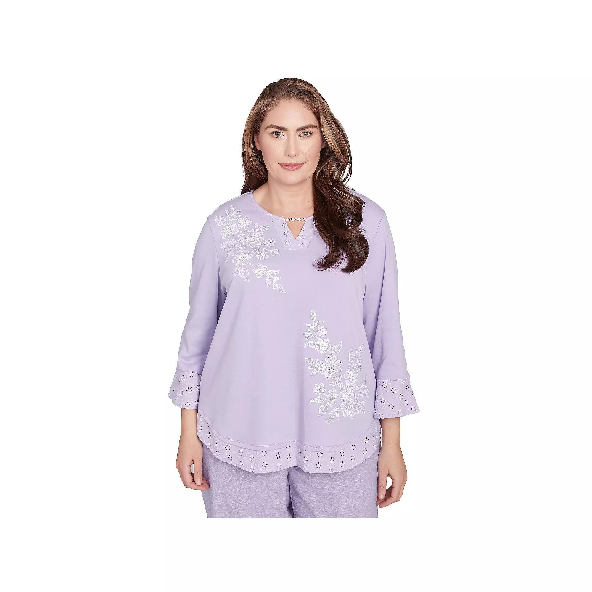 Plus Size Alfred Dunner Floral Embroidered Eyelet Sleeve Top, Women's, Size: 1XL, Purple Product Image