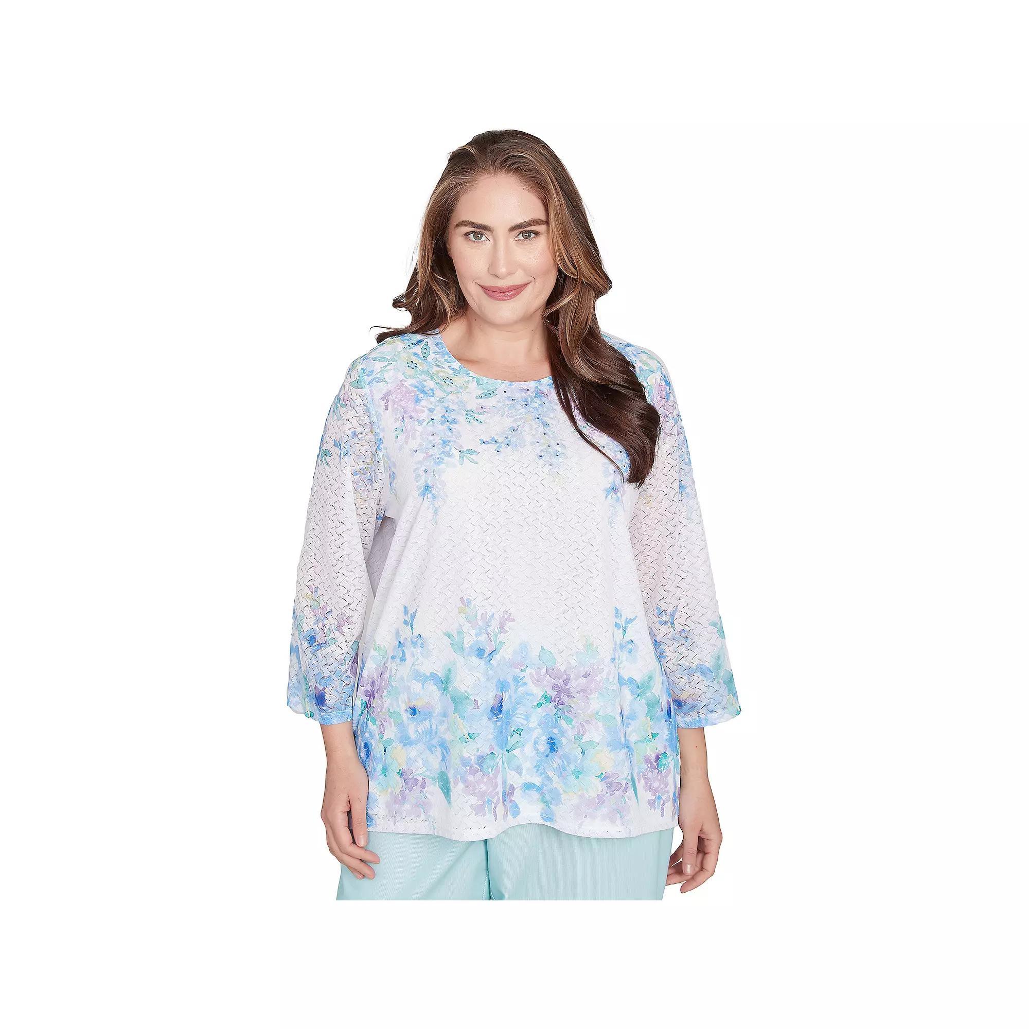 Plus Size Alfred Dunner Textured Sky Blue Floral Border Top, Women's, Size: 3XL, Skyblue Team Product Image