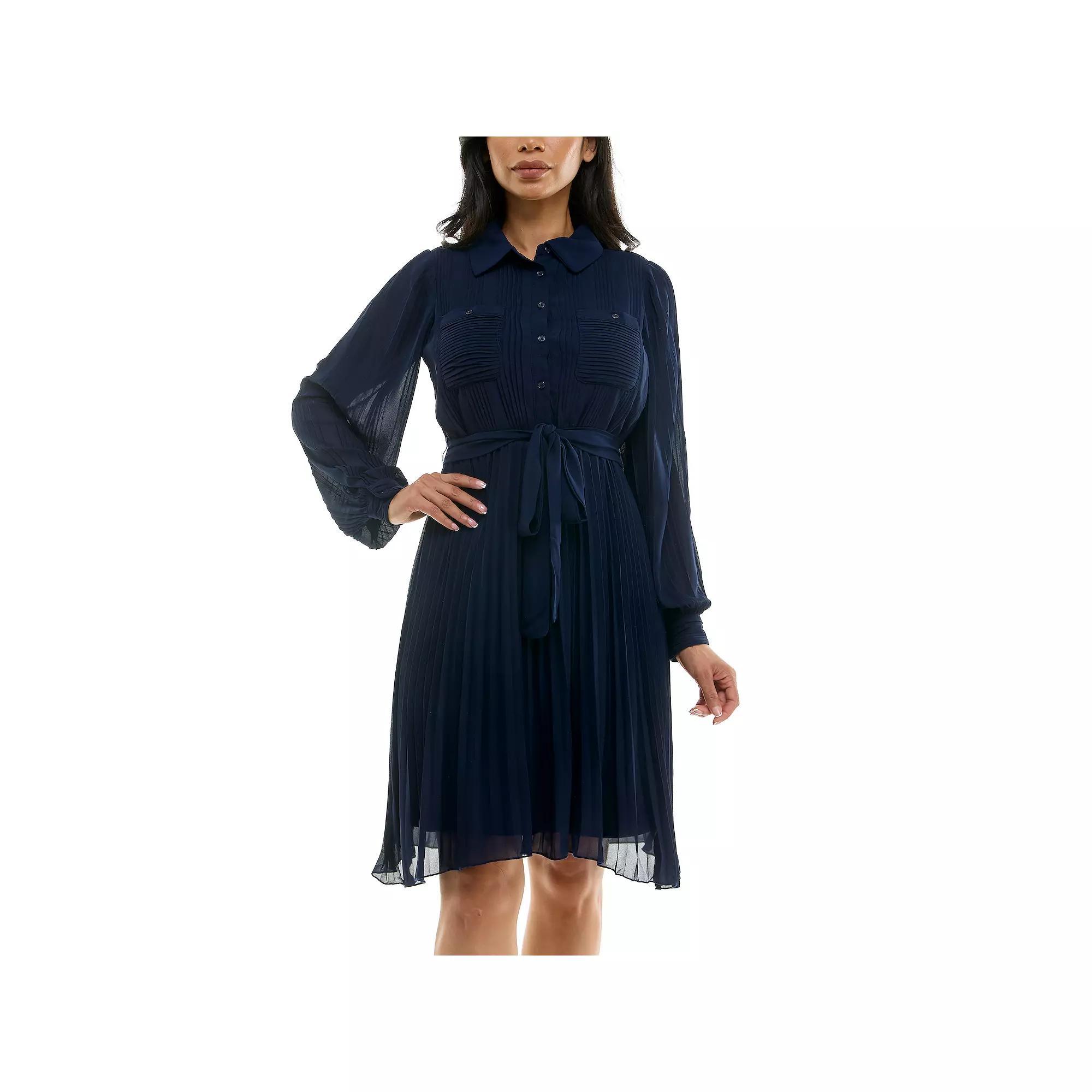 Women's Nina Leonard Pleated Dress with Tie Sash, Size: Large, Ivory Product Image