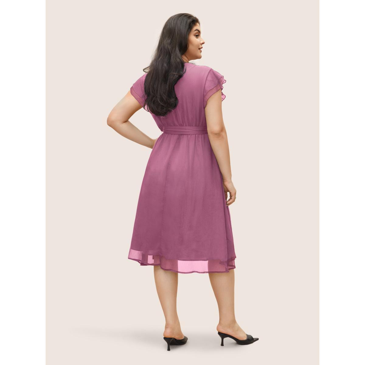 Plus Size Solid Mesh Belted Ruffle Cap Sleeve Dress Lilac Women At the Office Non Round Neck Cap Sleeve Curvy Midi Dress BloomChic 28/5X Product Image