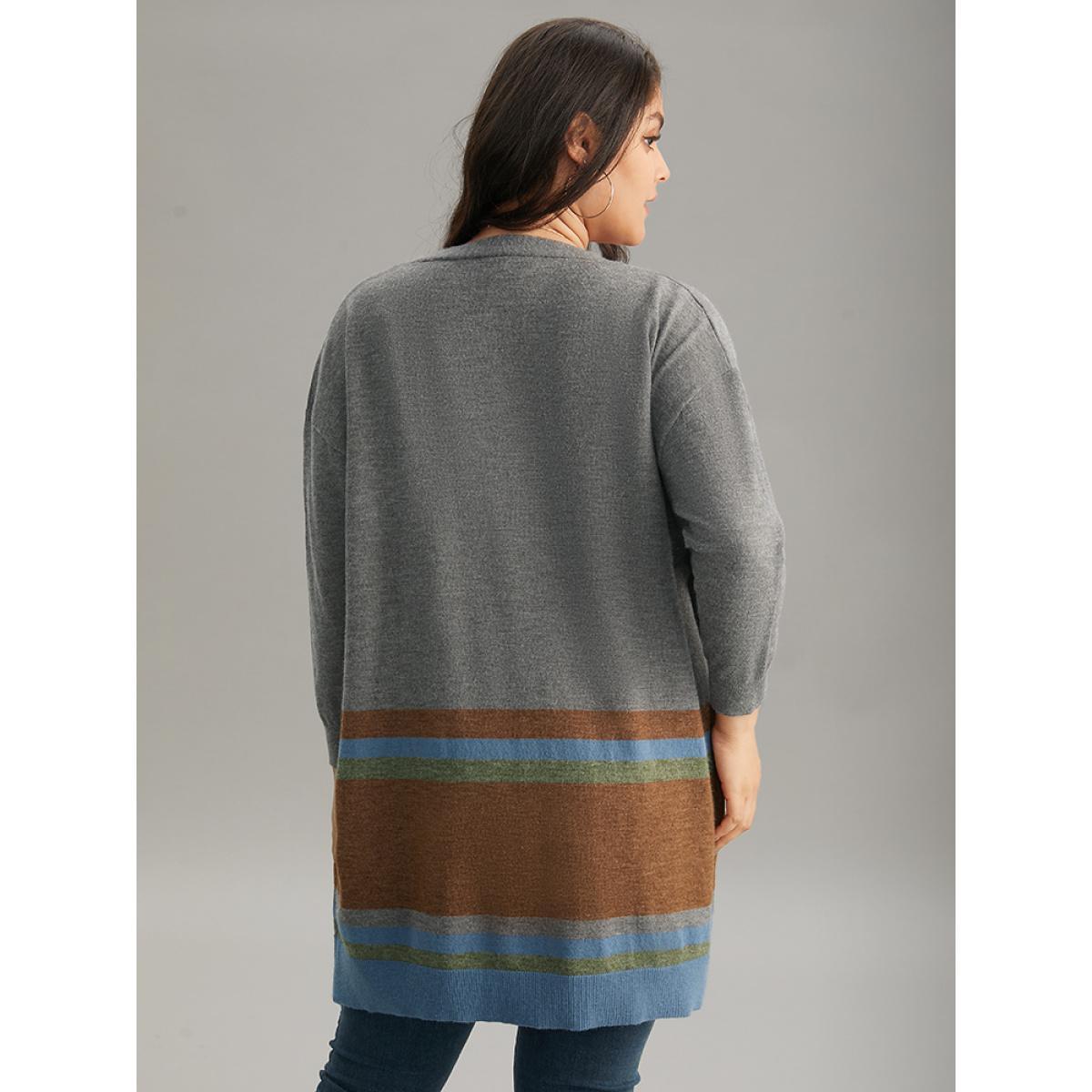 Plus Size Anti-Pilling Colorblock Contrast Open Front Cardigan Multicolor Women Casual Loose Long Sleeve Dailywear Cardigans BloomChic 12/L Product Image