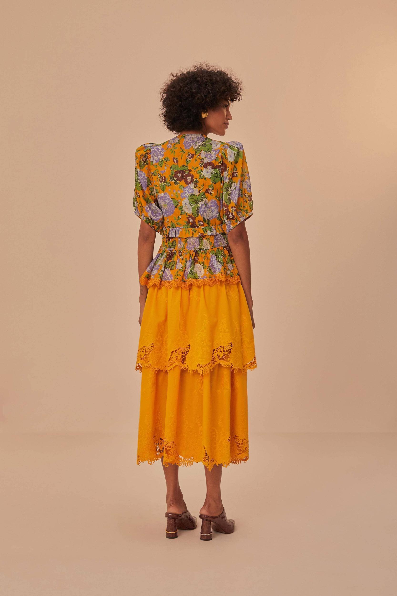 Yellow Mustard Tiered Lace Midi Skirt, MUSTARD / XXS Product Image
