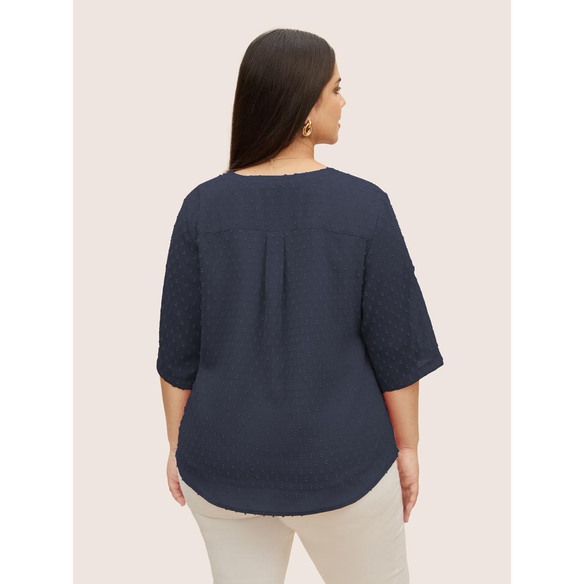 Plus Size Indigo Chiffon Plain Textured Pleated Tab Sleeve Blouse Women At the Office Elbow-length sleeve Shirt collar Work Blouses BloomChic 14-16/1X Product Image