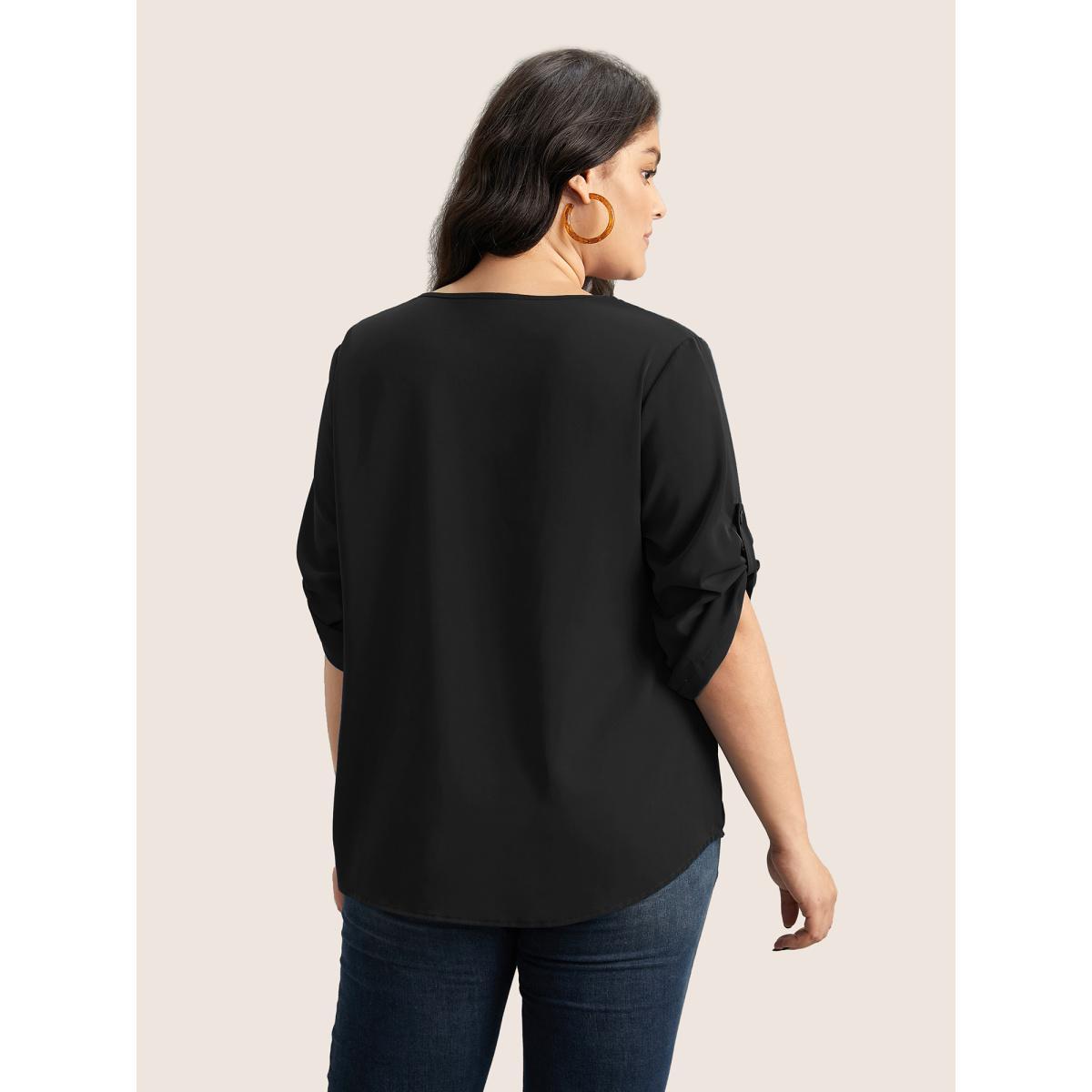 Plus Size Black V Neck Plain Pleated Tab Sleeve Blouse Women At the Office Elbow-length sleeve V-neck Work Blouses BloomChic 18-20/2X Product Image