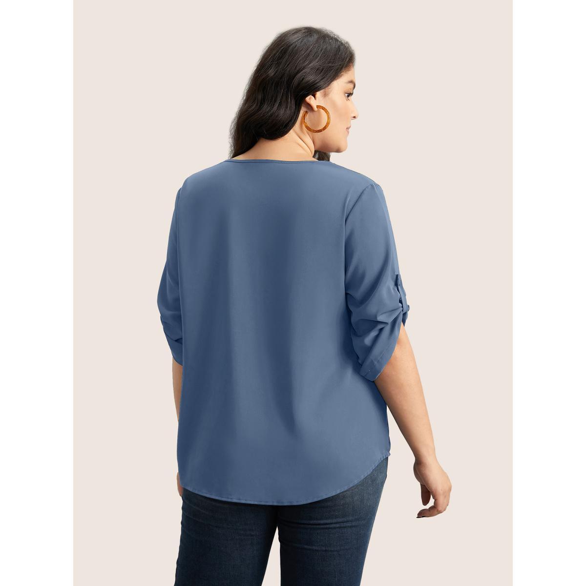 Plus Size Stone V Neck Plain Pleated Tab Sleeve Blouse Women At the Office Elbow-length sleeve V-neck Work Blouses BloomChic 14-16/1X Product Image