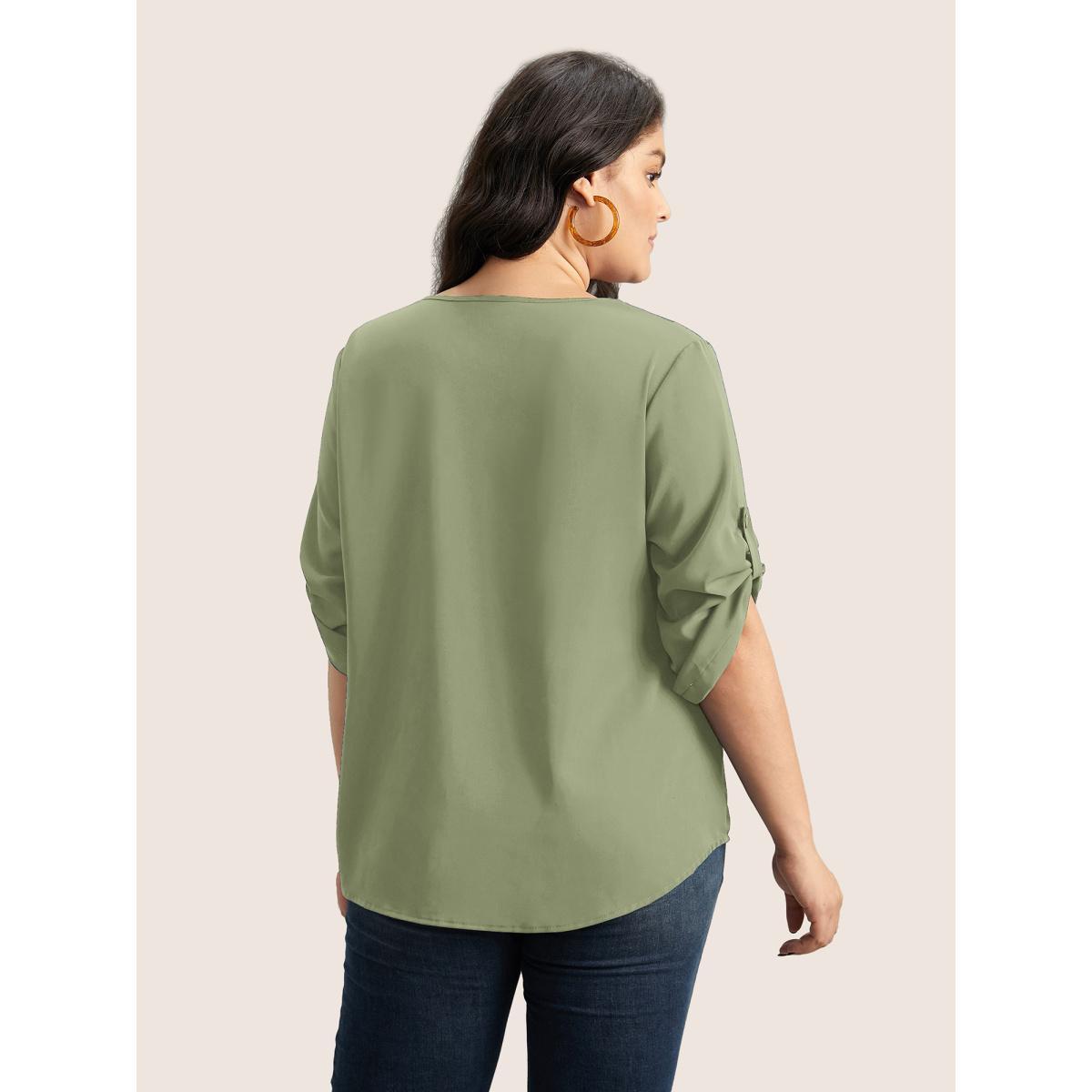 Plus Size Sage V Neck Plain Pleated Tab Sleeve Blouse Women At the Office Elbow-length sleeve V-neck Work Blouses BloomChic 18-20/2X Product Image