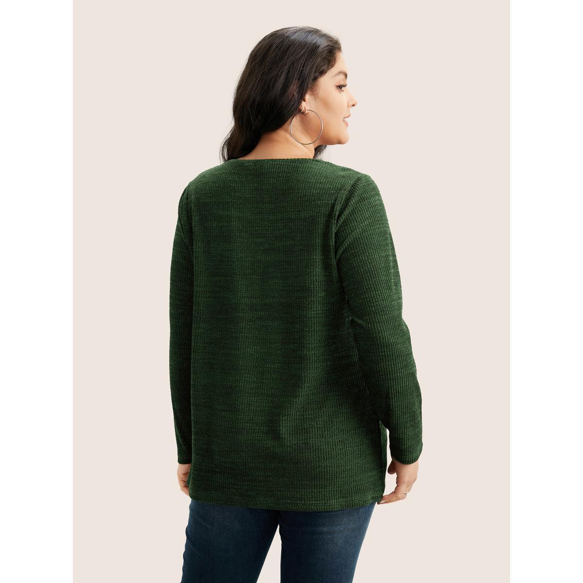 Plus Size Solid Rib Knit Button Detail T-shirt Red Women Casual Non Plain V-neck Everyday T-shirts BloomChic 22-24/3X Product Image