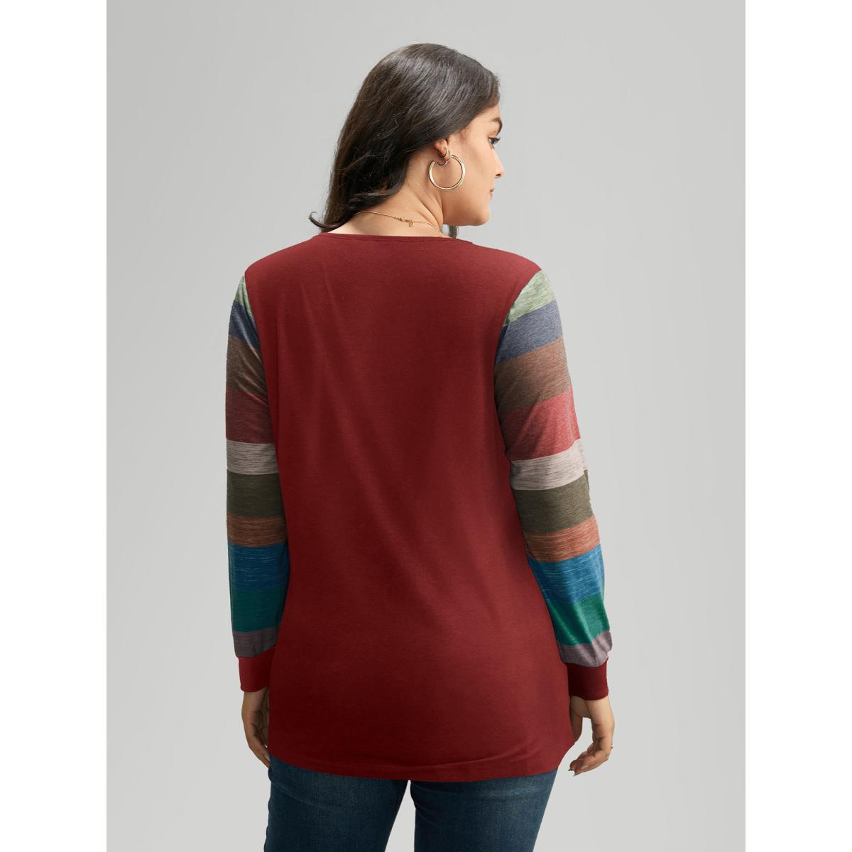 Plus Size Colorblock Contrast V Neck Button Up T-shirt Scarlet Women Casual Elastic cuffs Striped V-neck Everyday T-shirts BloomChic 30/6X Product Image