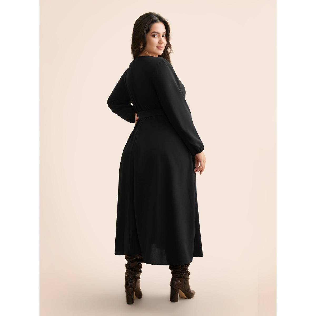 Plus Size V Neck Button Detail Belted Dress Black Women At the Office Belted V-neck Long Sleeve Curvy BloomChic 18-20/2X Product Image