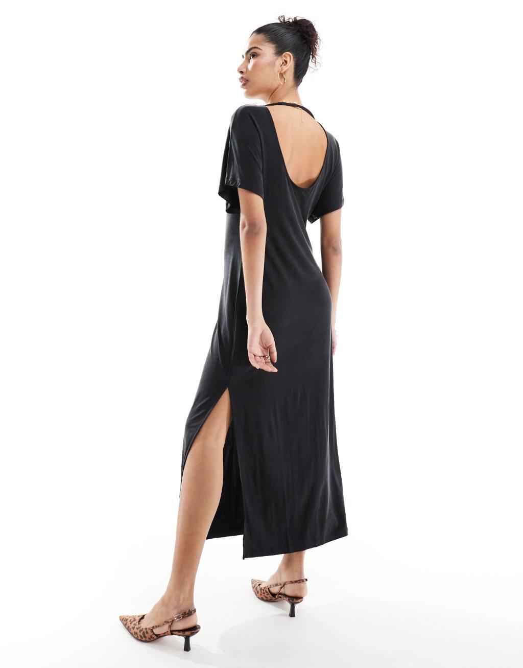 & Other Stories luxe jersey midi dress with boat neck and thigh slit in black Product Image