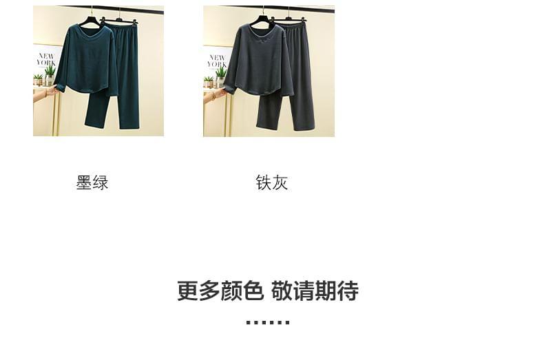 Pajama Set: Long-Sleeve V-Neck Plain T-Shirt + Elastic Waist Pants Product Image