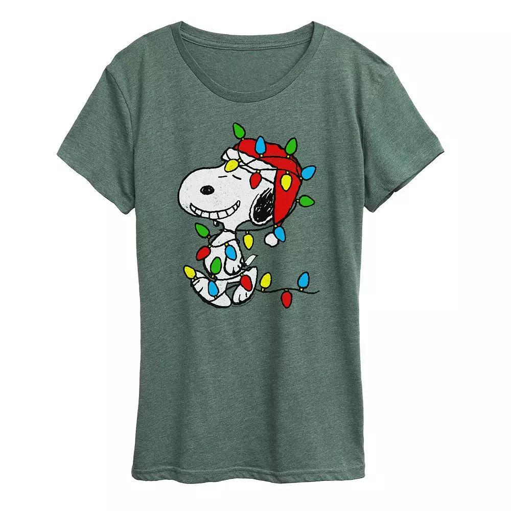 Women's Peanuts Snoopy Christmas Lights Graphic Tee, Size: Large, Grey Green Product Image