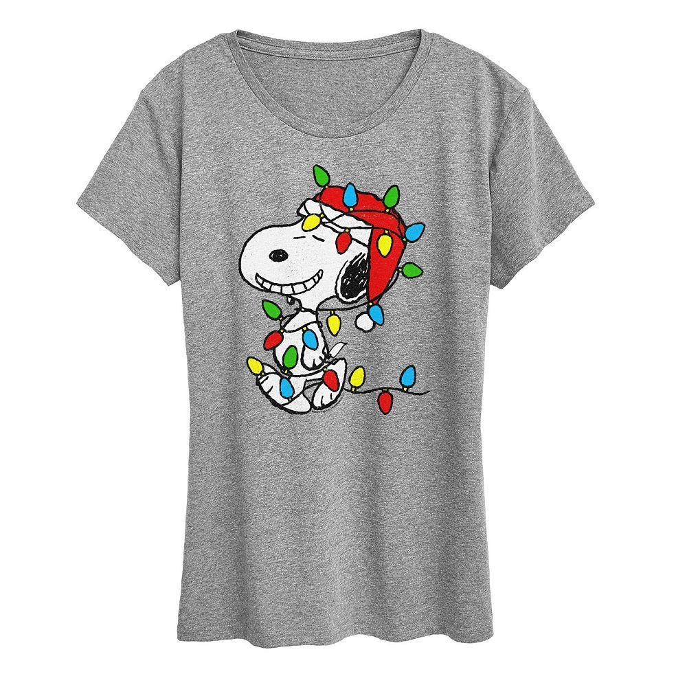 Women's Peanuts Snoopy Christmas Lights Graphic Tee, Size: Large, Grey Green Product Image