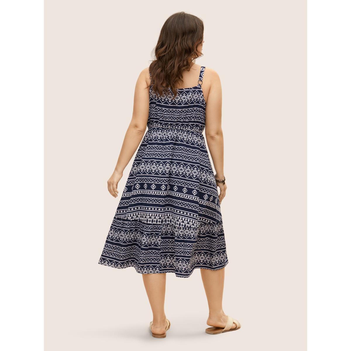 Plus Size Geometric Bandana Print Elastic Waist Midi Dress DarkBlue Women Resort Non Round Neck Sleeveless Curvy BloomChic 22-24/3X Product Image