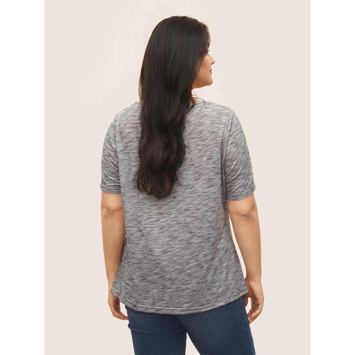 Plus Size Round Neck Heather Pleated Button Detail T-shirt LightGray Women Casual Button Plain Round Neck Everyday T-shirts BloomChic 22-24/3X Product Image