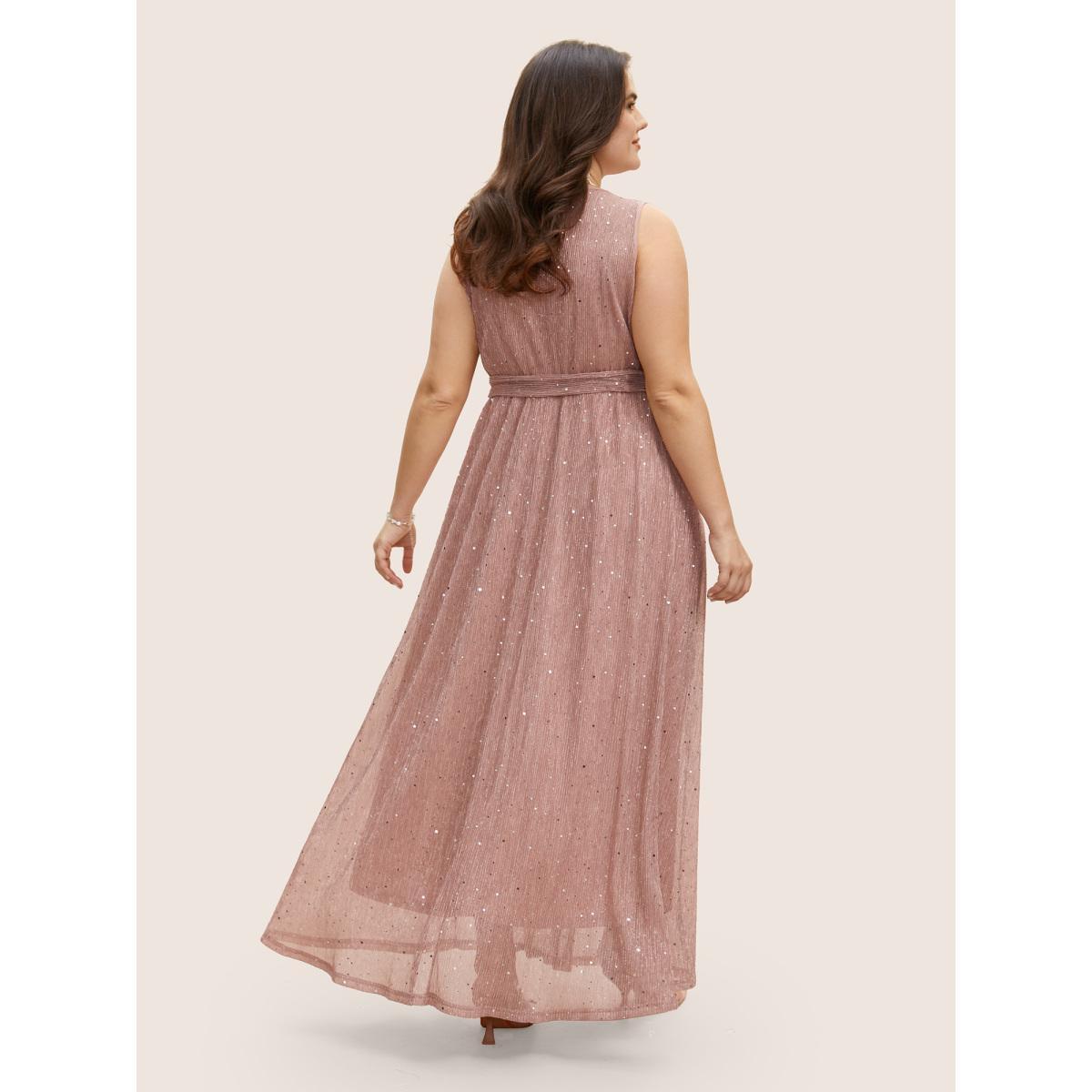 Plus Size Glitter Mesh V Neck Sleeveless Belted Dress Crepe Women Formal Texture V-neck Sleeveless Curvy BloomChic 14-16/1X Product Image