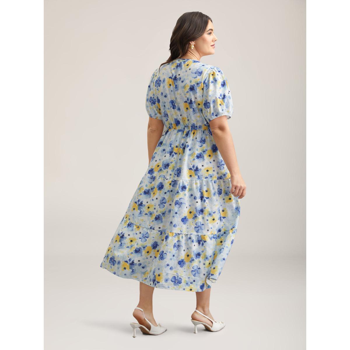 Plus Size Blooming Flowers Puff Sleeve Stretchy-Waist Dress LightBlue Women Elegant Non V-neck Short sleeve Curvy BloomChic 28/5X Product Image