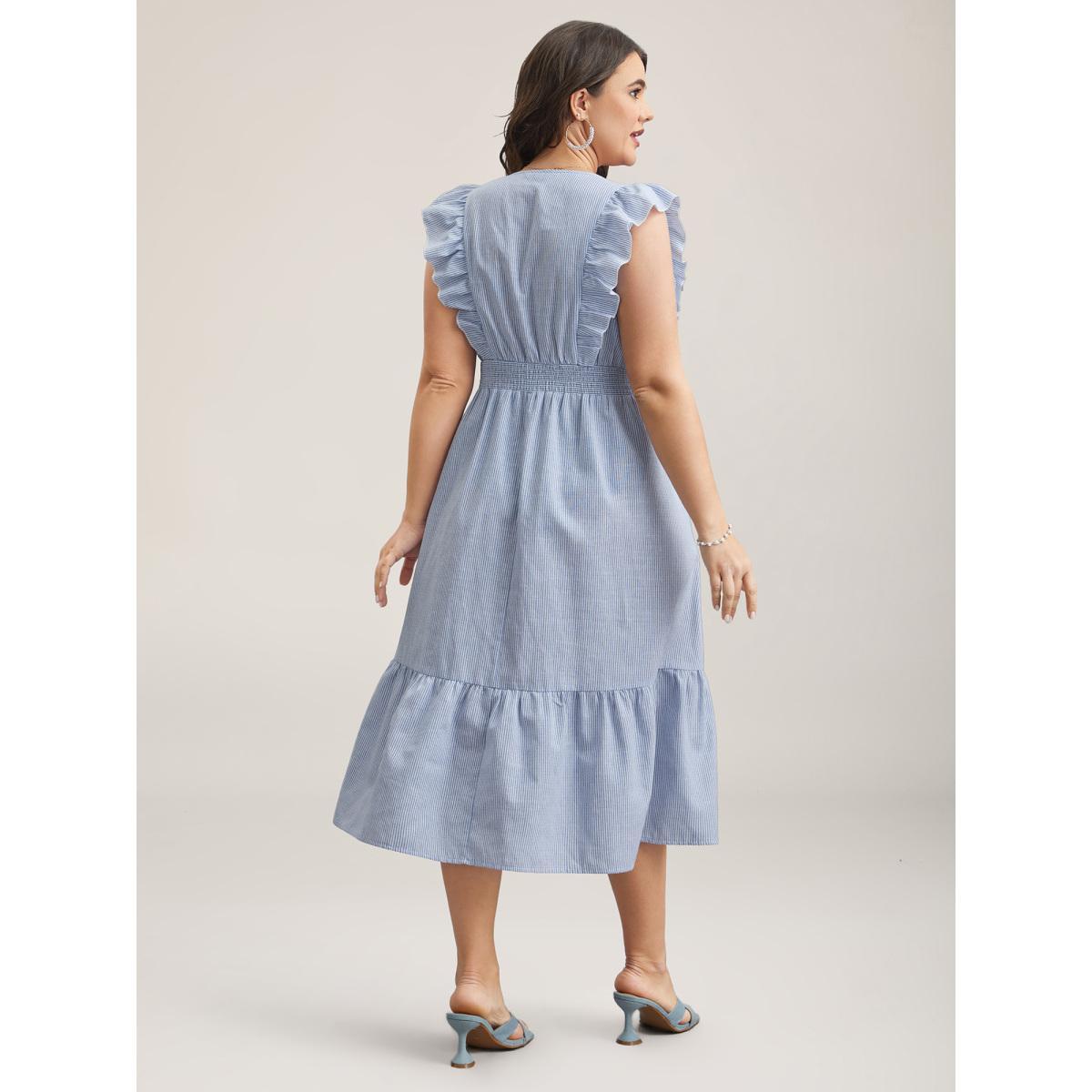 Plus Size Ruffled Striped Print Triangular Waist Midi Dress Skyblue Women Elegant Ruffles V-neck Cap Sleeve Curvy BloomChic 28/5X Product Image