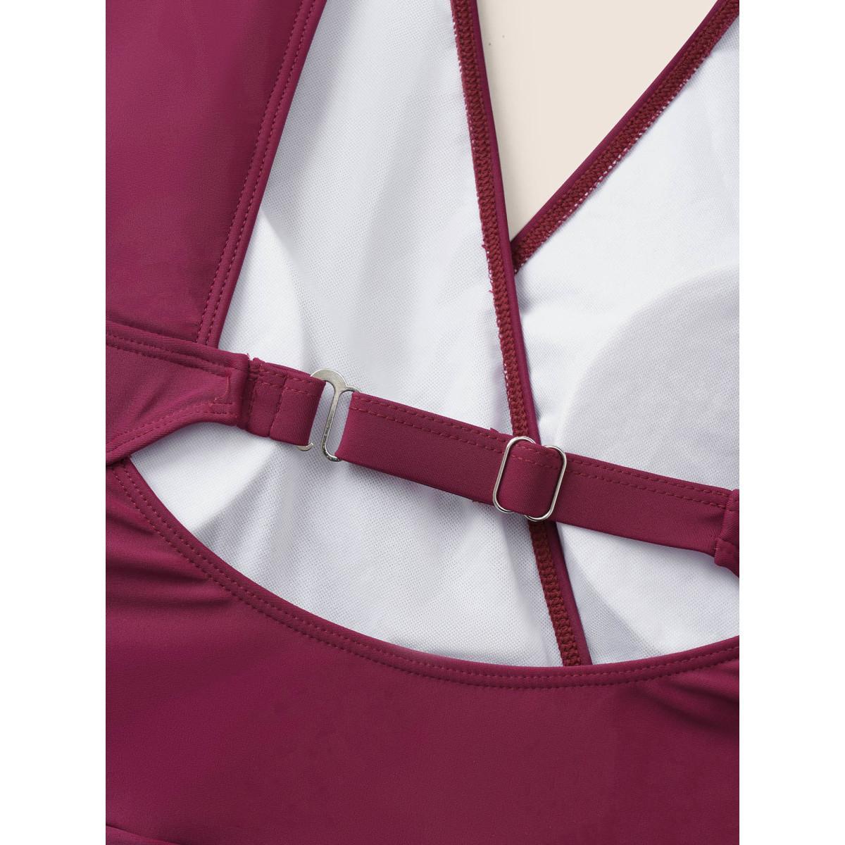 Plus Size Solid Drawstring Adjustable Straps Back Swim Dress Women's Swimwear Burgundy Beach Bodycon V-neck High stretch Curve Swim Dresses BloomChic 18-20/2X Product Image