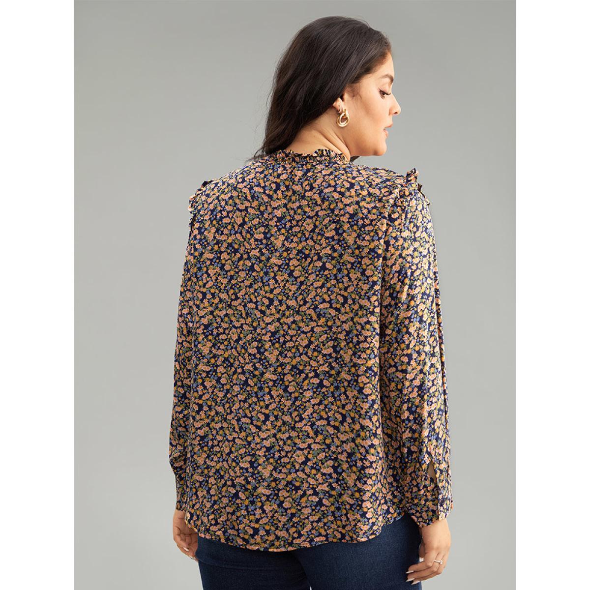 Plus Size Multicolor Ditsy Floral Shirred Ruffle Trim Blouse Women Elegant Long Sleeve Halter neck Dailywear Blouses BloomChic 30/6X Product Image