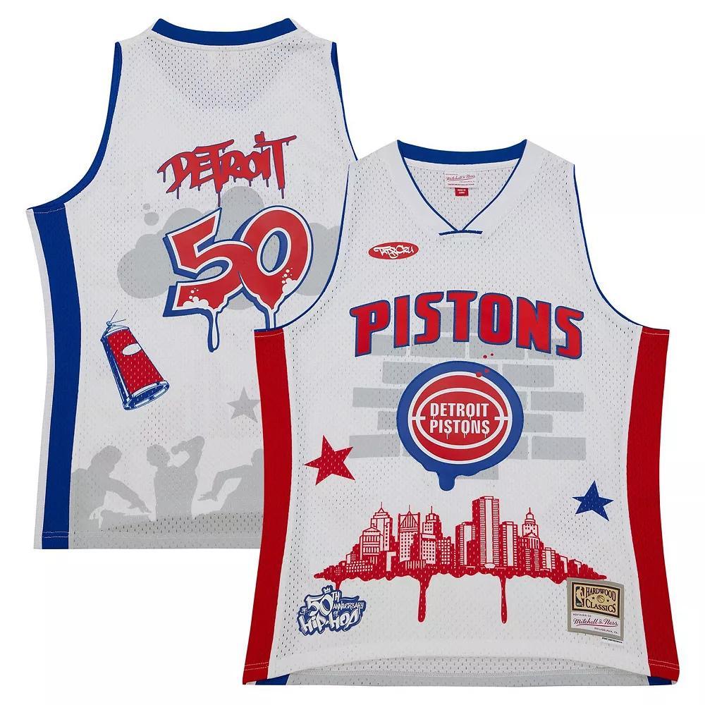 Mens Mitchell & Ness x Tats Cru White Detroit Pistons Hardwood Classics Fashion Jersey Product Image