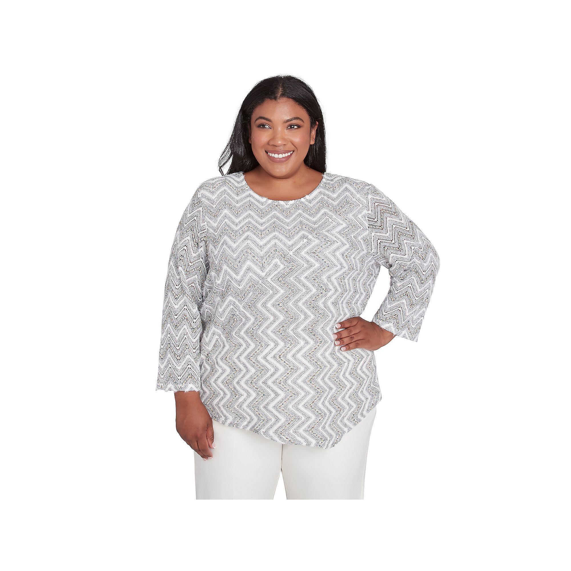 Plus Size Alfred Dunner Spliced Crewneck Wavy Stripe Top, Women's, Size: 1XL, Grey Team Product Image