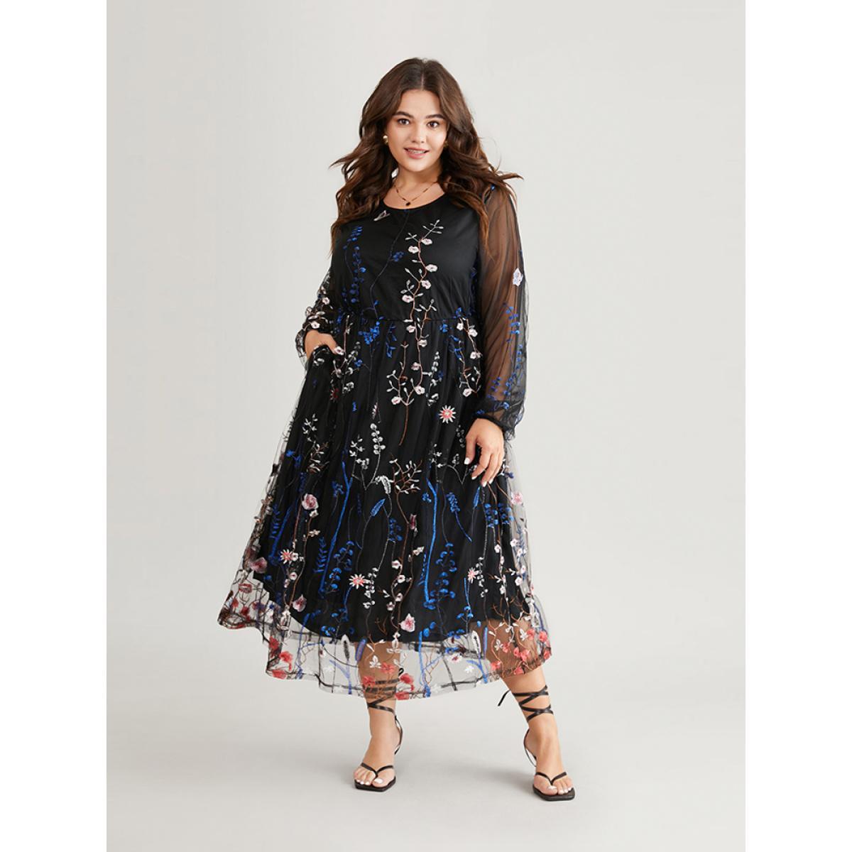 Plus Size Floral Embroidered Mesh Lantern Sleeve Pocket Midi Dress Black Women Glamour Embroidered Round Neck Long Sleeve Curvy Midi Dress BloomChic 30/6X Product Image