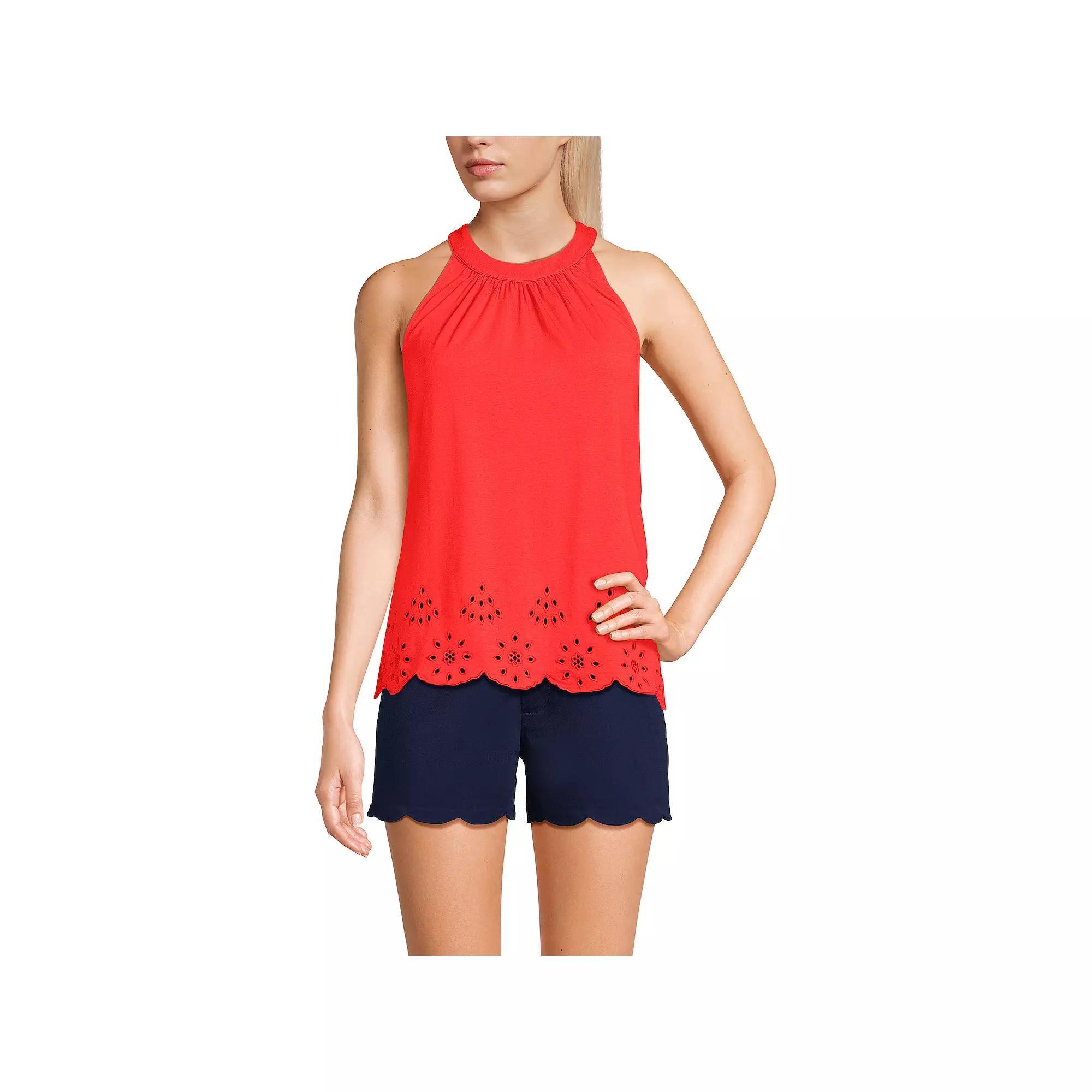 Women's Lands' End Eyelet Trimmed Flowy Pleated High Neck Tank Top, Size: Medium, Black Product Image