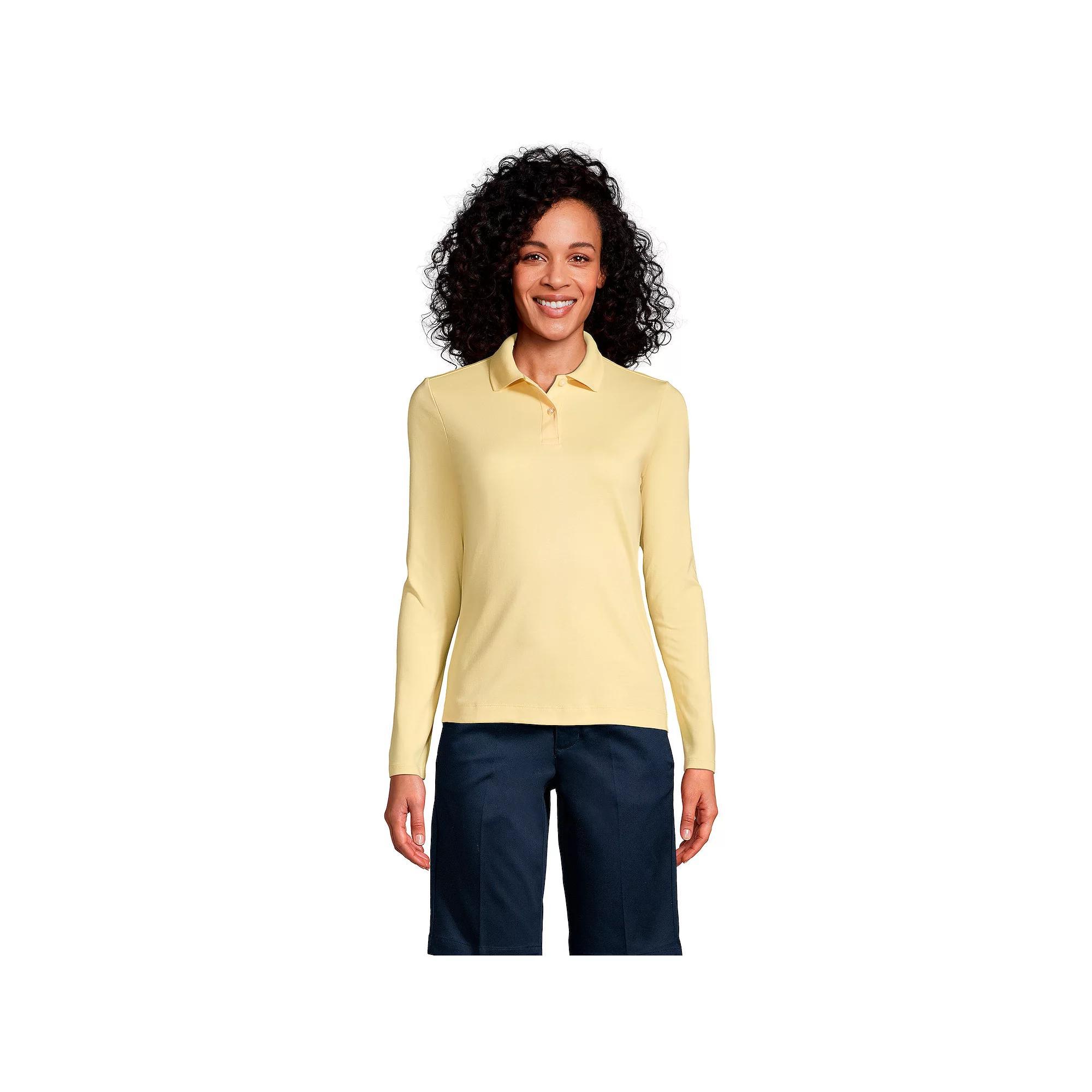 Women's Lands' End School Uniform Long Sleeve 2-Button Interlock Polo Shirt, Size: XS, White Product Image