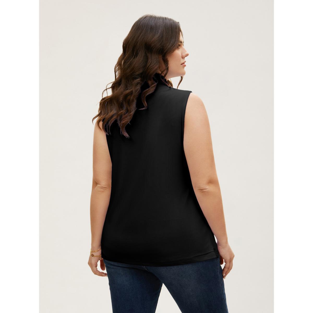 Plus Size Overlap Collar Solid Pleated Tank Top Women Black Elegant Pleated Overlap Collar Everyday Tank Tops Camis BloomChic 14-16/1X Product Image
