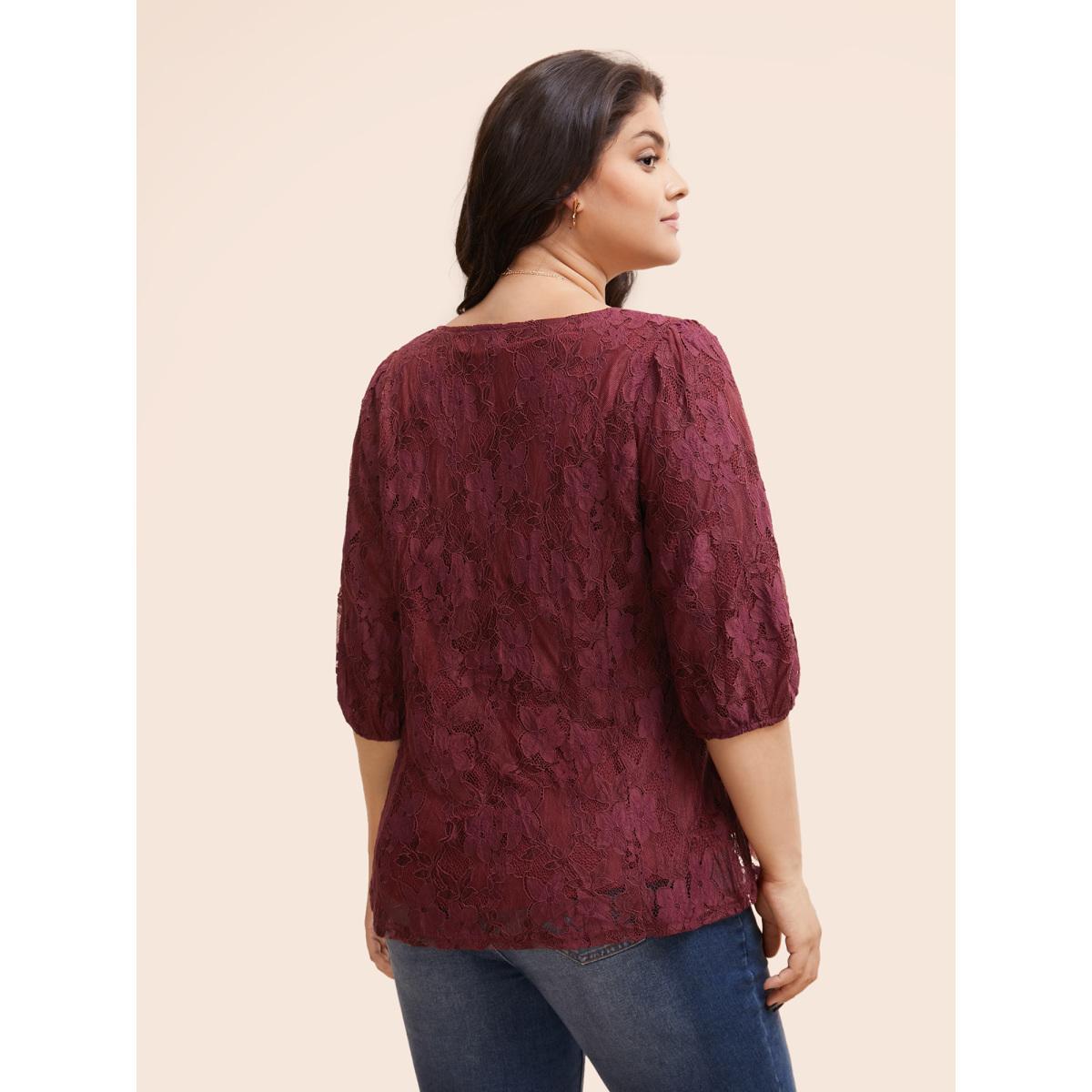 Plus Size Burgundy Square Neck Lace Panel Lantern Sleeve Blouse Women Elegant Elbow-length sleeve Square Neck Everyday Blouses BloomChic 10/M Product Image