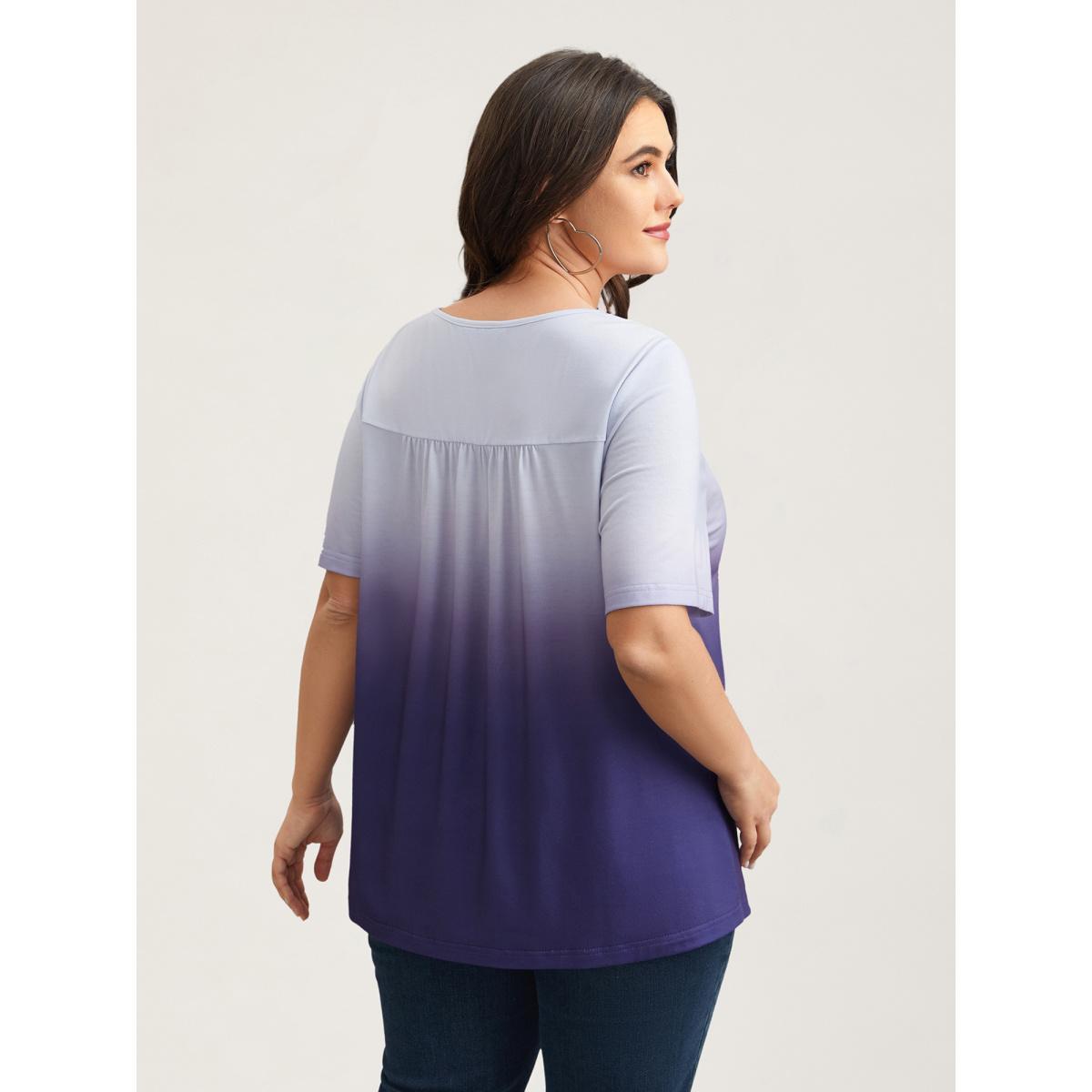 Plus Size Gradient Pleated Button-Front T-Shirt Deeppurple Women Casual Gathered Round Neck Everyday T-shirts BloomChic 26/4X Product Image