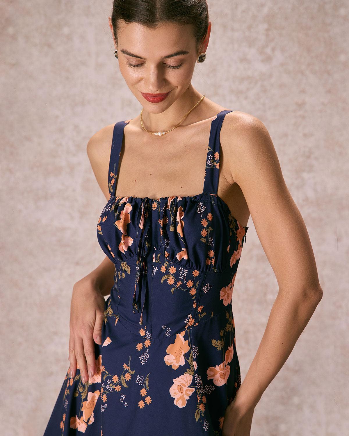 The Navy Lace Up Floral Ruched Midi Dress Product Image