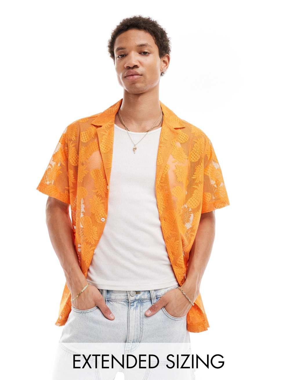 ASOS DESIGN short sleeve deep revere collar pineapple lace shirt in orange Product Image