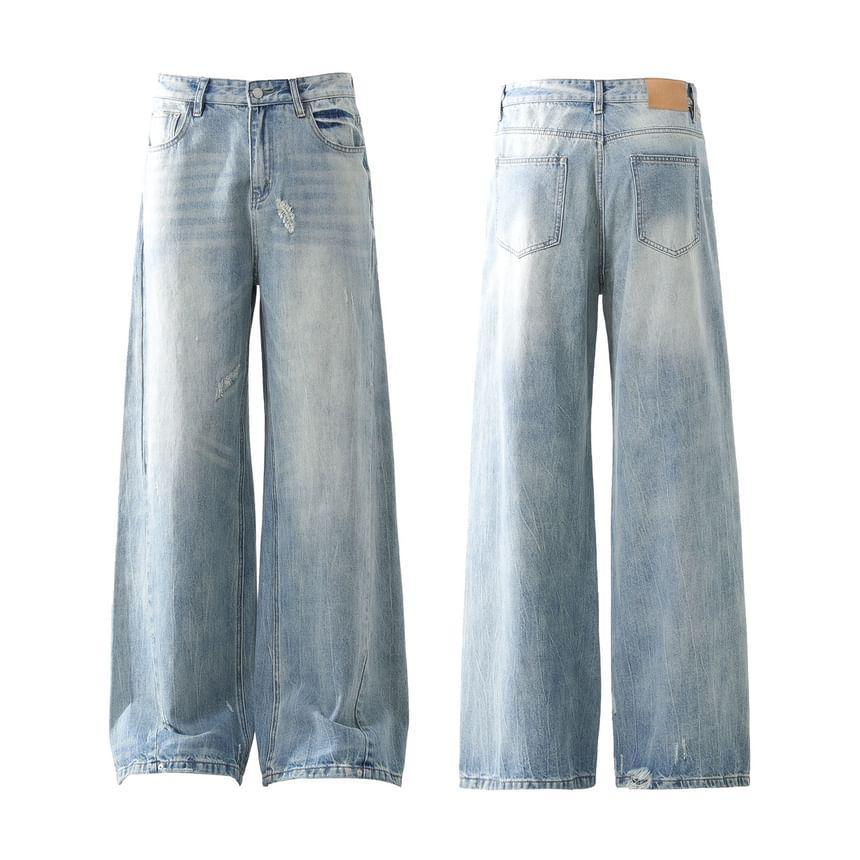 Mid Rise Washed Distressed Flared Jeans Product Image