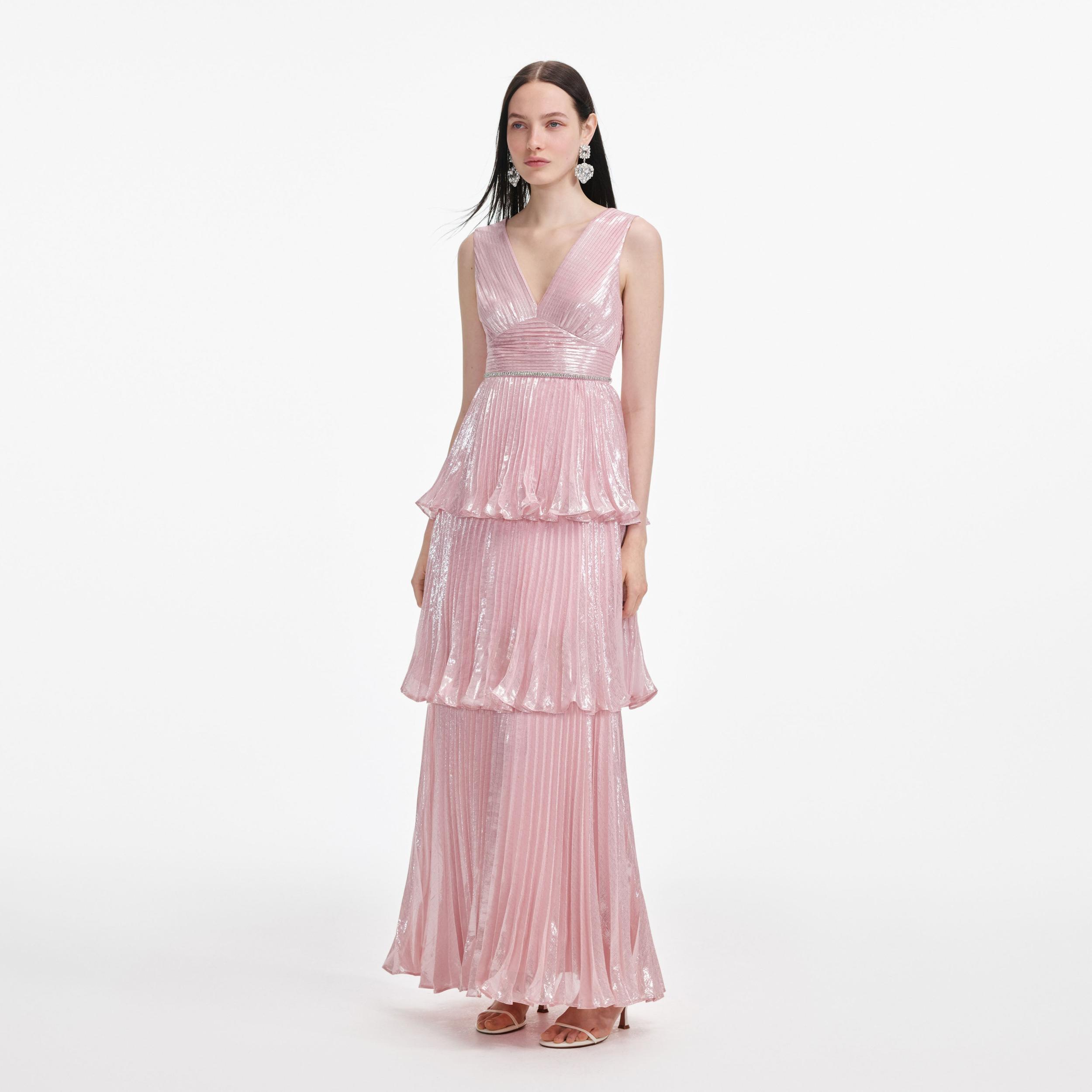 Pink Metallic Tiered Maxi Dress Product Image