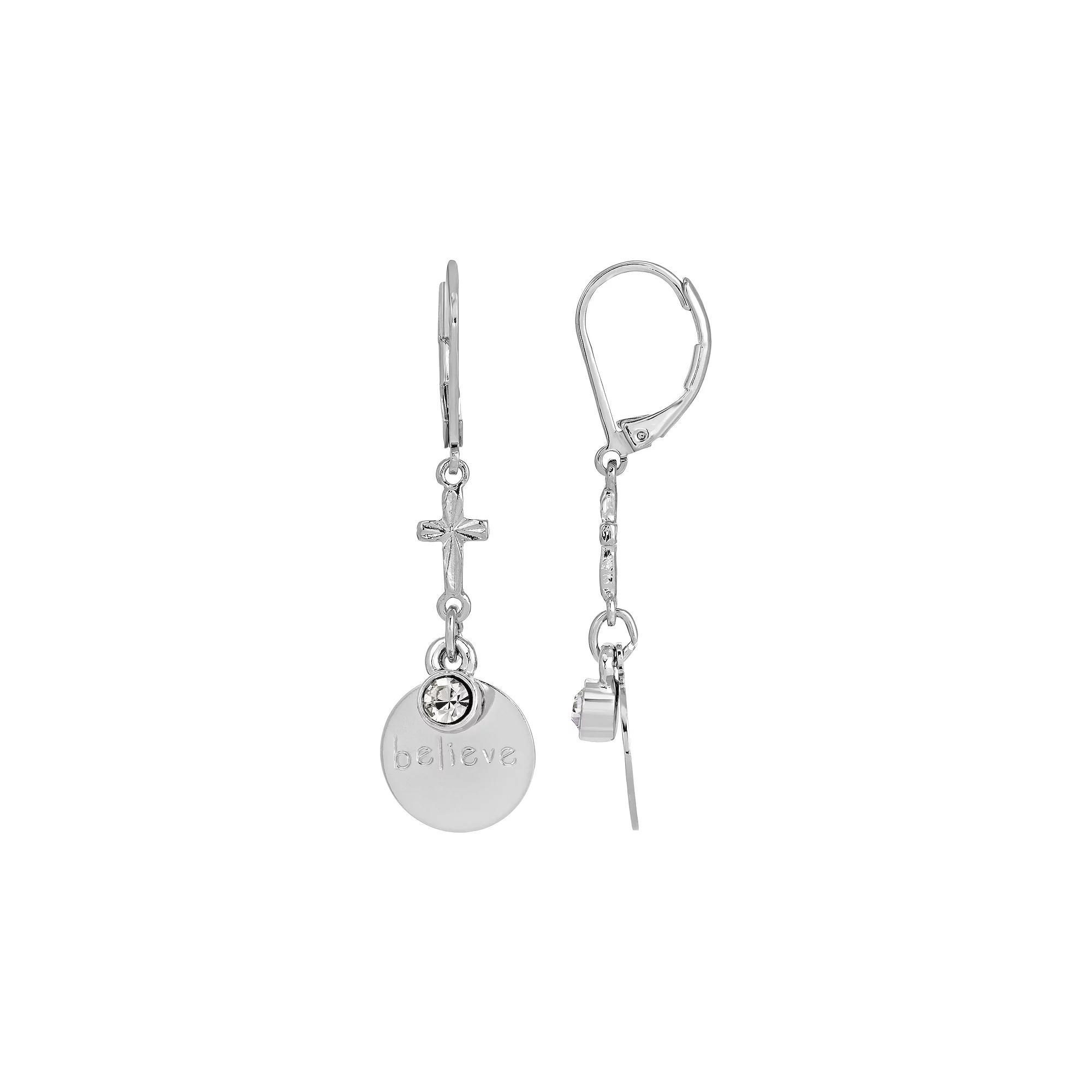 Symbols of Faith Silver Tone Inspirational Simulated Crystal Drop Earrings, Women's, Believe Product Image